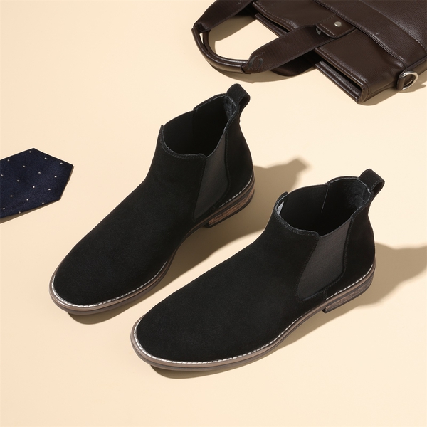 Men's Plain-Toe Suede Chelsea Boots - BLACK - 6